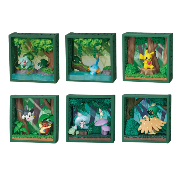 6 different possible figures from this rement set. All are in stackable green  3d frames. 1. bulbasaur sitting by a river with trees and foliage in the background. 2. mudkip swimming in the river by the trees. 3. Pikachu eating a fruit on a tree stump. 4. emolga and kriketot hanging out among the trees. 5. hattrem and morelull hanging out among mushrooms. 6. Decidueye standing next to a bush among the trees.