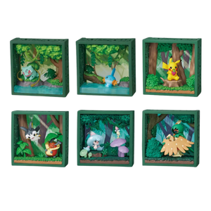 6 different possible figures from this rement set. All are in stackable green  3d frames. 1. bulbasaur sitting by a river with trees and foliage in the background. 2. mudkip swimming in the river by the trees. 3. Pikachu eating a fruit on a tree stump. 4. emolga and kriketot hanging out among the trees. 5. hattrem and morelull hanging out among mushrooms. 6. Decidueye standing next to a bush among the trees.