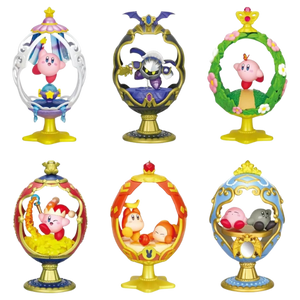 All 6 options in this rement set. All of them are within little faberge egg style frames on a gold stand. 1. Kirby with a star rod in a white, pink, and blue themed egg. 2. Meta knight in a gold and black themed egg with bat wings on the top. 3. Kirby and a butterfly in a flowery meadow themed egg. 4. Beam kirby wearing a jester hat in a red and gold themed egg. 5. Two waddle dees playing together in an orange and yellow egg. 6. Sleeping kirby and a grey kirby in a light blue and gold themed egg.