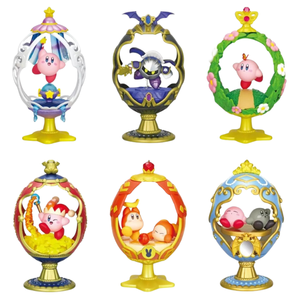 All 6 options in this rement set. All of them are within little faberge egg style frames on a gold stand. 1. Kirby with a star rod in a white, pink, and blue themed egg. 2. Meta knight in a gold and black themed egg with bat wings on the top. 3. Kirby and a butterfly in a flowery meadow themed egg. 4. Beam kirby wearing a jester hat in a red and gold themed egg. 5. Two waddle dees playing together in an orange and yellow egg. 6. Sleeping kirby and a grey kirby in a light blue and gold themed egg.