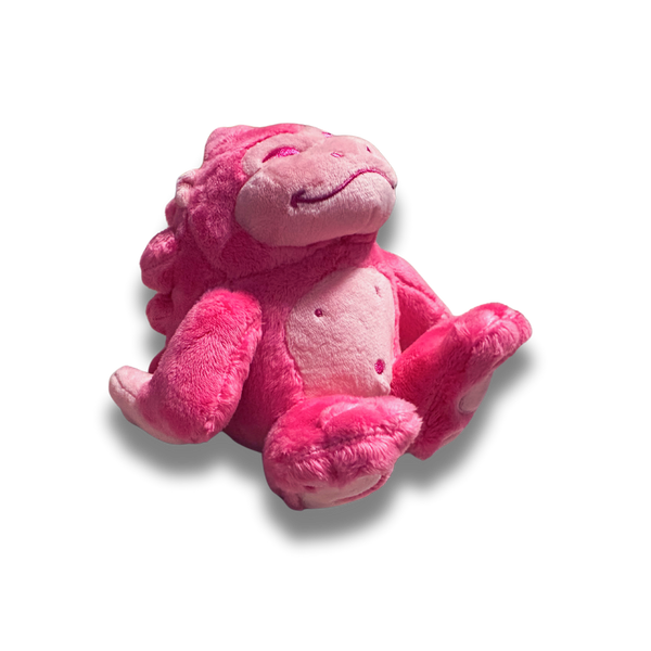 A three quarters view of the small pink gorilla plush. His fur is a fluffy bright pink and his facial details are nicely embroidered.