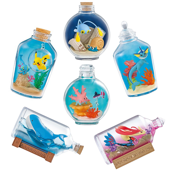 1. Pikachu in a bubble visits Manaphy at the sandy ocean floor, with kelp and coral. In a bottle with cork. 2. Chinchou and Omanyte swim in stone ruins deep in the ocean. In a bottle with a cork. 3. Vaporeon drifts through a sandy coral scene, in a bottle with a fancy top. 4. Corsola and Finneon hang out in a coral filled tropical scene, inside a fancy bottle. 5. Wailord swims through the sea in a sideways bottle with a cork. 6. Milotic swims through gem filled pink-tinted water, in a sideways bottle.