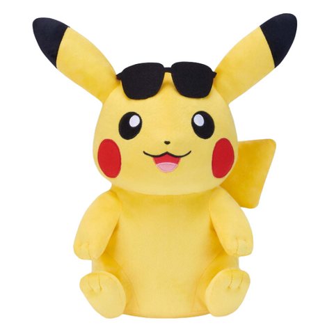 A large, well-stuffed Pikachu plushie with a happy expression. He has black plush sunglasses on his head.