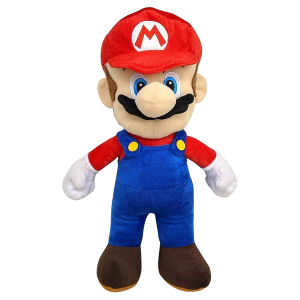 A very large, high quality, and well-stuffed Mario plush. He has lots of nice little details including nicely embroidered eyes, a shapely mustache, and button details on his blue overalls.