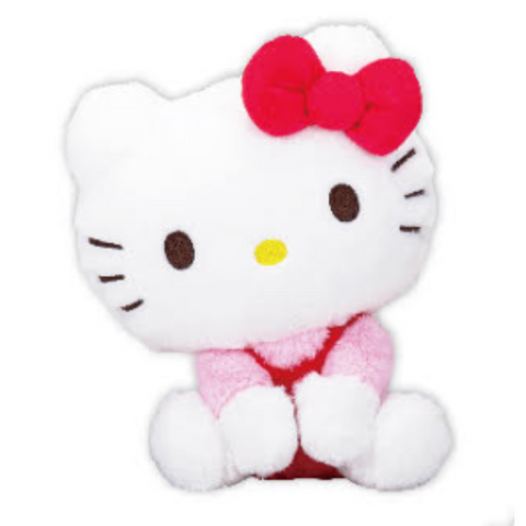 A super fluffy plush of Hello Kitty. She's wearing pink and red and her head is cocked slightly.