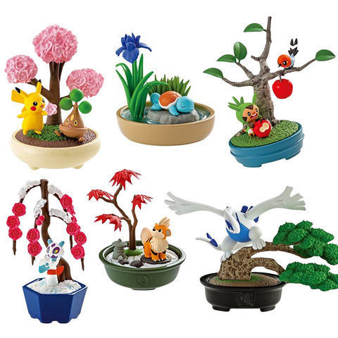 1. Pikachu and Bonsly hanging out under a pink cherry blossom tree. 2. Squirtle sleeping on a flat stone in the water, surrounded by tall grass and a large blue flower. 3. Chespin and Fletchling share apples on a sparse looking bonsai tree. 4. Froslass stands serenely under a pink and white flowering tree in the snow. 5. Growlithe standing on a stone in a zen garden with a Japanese maple. 6. Lugia spreading his wings on a sideswept traditional bonsai.