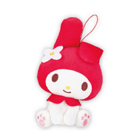 A classic style My Melody plushie with the red hood. Her head is slightly cocked and she's in a seated pose.