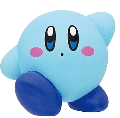 Blue kirby vinyl figure with a small dot or circle for a mouth.