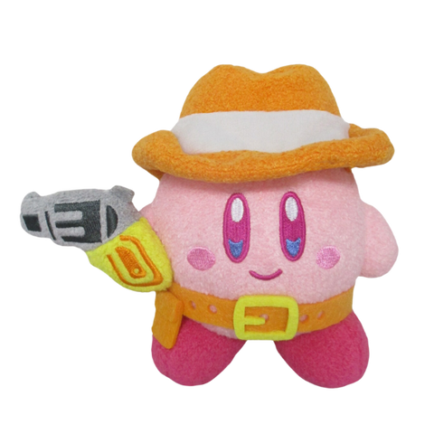 An extra fuzzy plushie of Kirby holding a plush toy gun. He has an orange cowboyhat, orange belt, and his facial details and gun details are nicely emboridered.