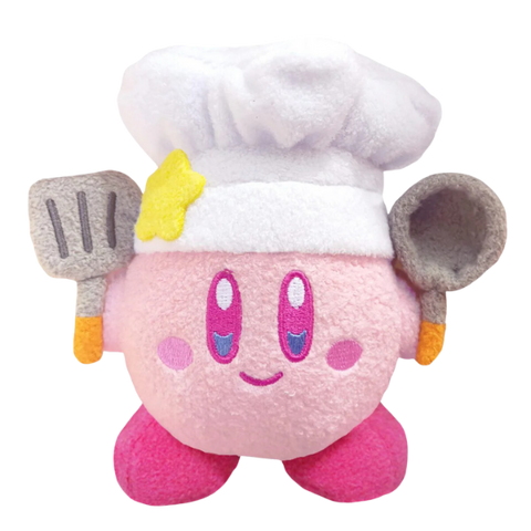 A super fuzzy kirby plushie wearing a chef hat and holding a spatula and frying pan. His facial details are nicely embroidered and he's smiling.