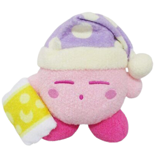 A super fuzzy kirby plush standing and holding a yellow pillow. He's wearing a fuzzy purple night cap and has his eyes closed.