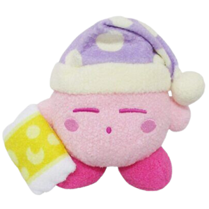 A super fuzzy kirby plush standing and holding a yellow pillow. He's wearing a fuzzy purple night cap and has his eyes closed.