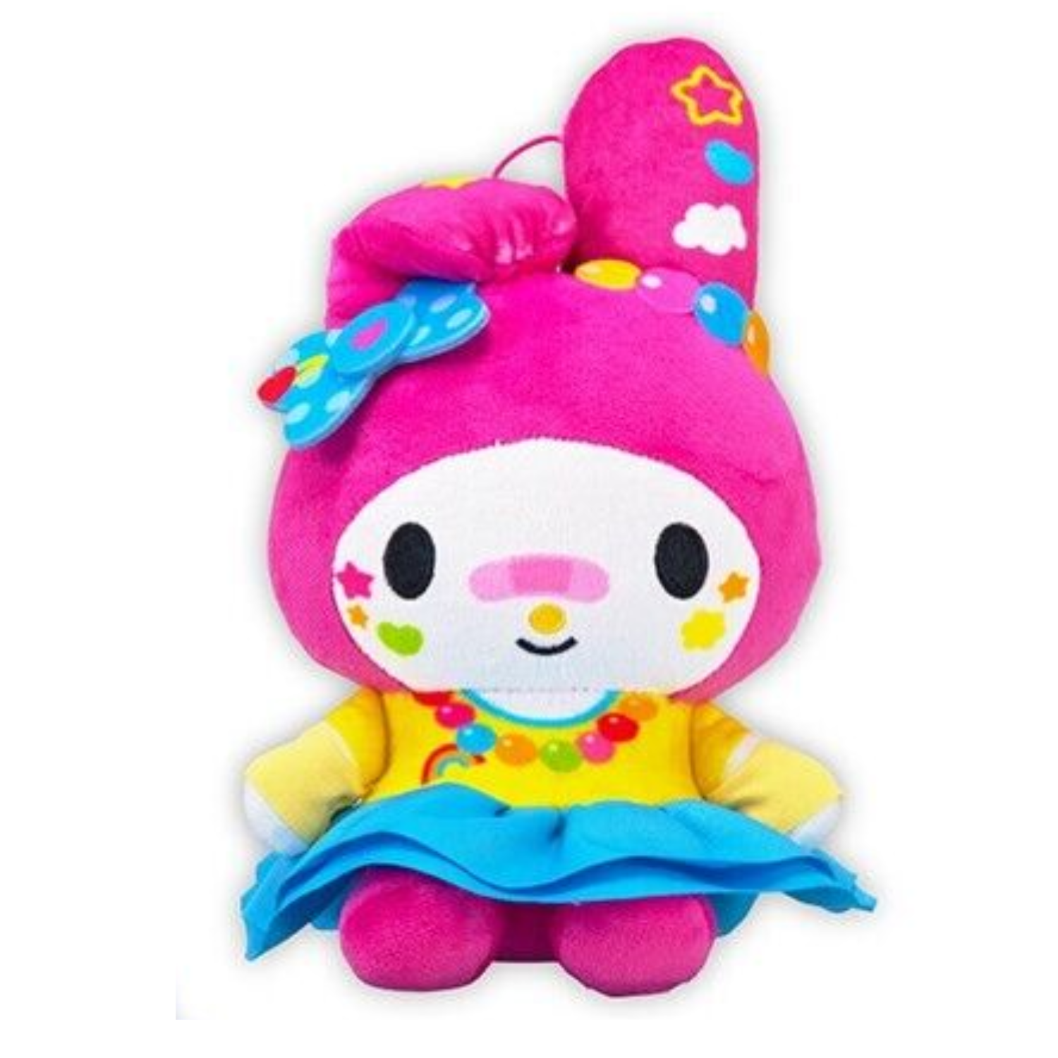 A colorful My Melody plush with several colorful "stickers" on her face and a pink band-aid. She has several charms and bows on her hood, and is wearing a yelow and blue dress with a rainbow necklace.