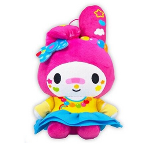 A colorful My Melody plush with several colorful "stickers" on her face and a pink band-aid. She has several charms and bows on her hood, and is wearing a yelow and blue dress with a rainbow necklace.