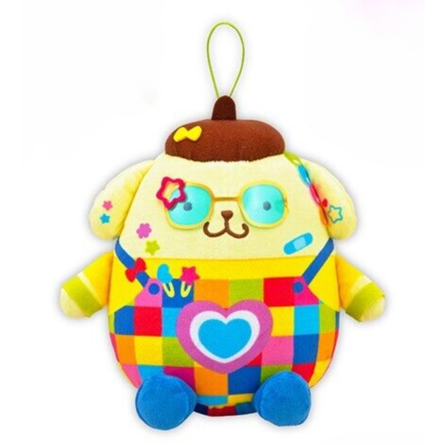 Pompompurin plush in colorful decora fashion. He's wearing rainbow block overalls with a heart in the middle. He has round yellow glasses with blue lenses, and lots of little rainbow stickers in star shapes all over his face.