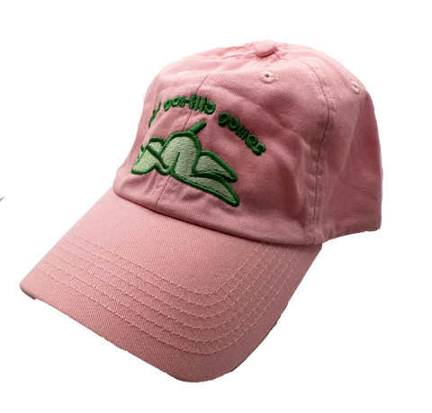 A light pink baseball cap with a light green banana design outlined in a darker green. There is also embroidered text that says "pink gorilla games" over it in a slight curve.