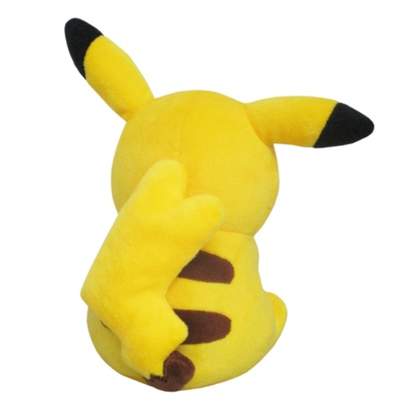 A back view of the Pikachu plush in a seated position. Her tail is heart-shaped to designate a female pikachu.