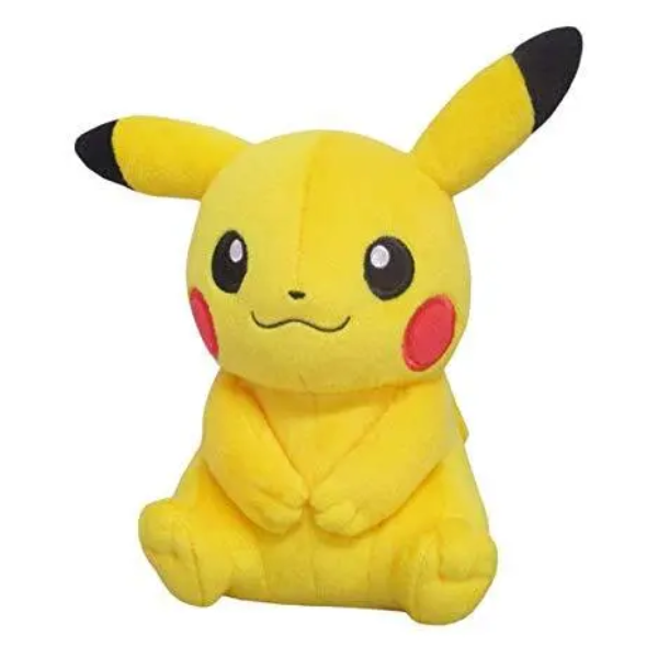 A highly detailed, quality plushie of Pikachu in a seated position.