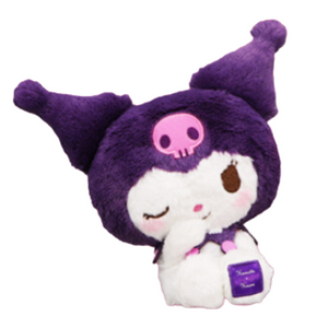 An extra fluffy plush of Kuromi with a dark purple colored hood. She is winking, in a seated position and theres a soft satin-like purple patch on one foot.