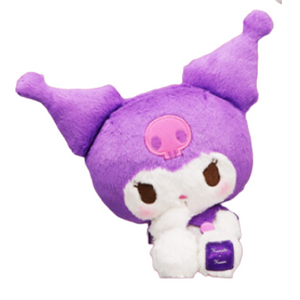 An extra fluffy plush of Kuromi with a violet colored hood. She is in a seated position and theres a soft satin-like purple patch on one foot.