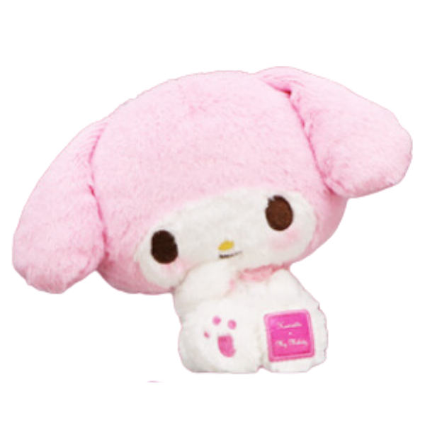An extra fluffy plush of My Melody. She is in a seated position and theres a soft satin-like patch on one foot.