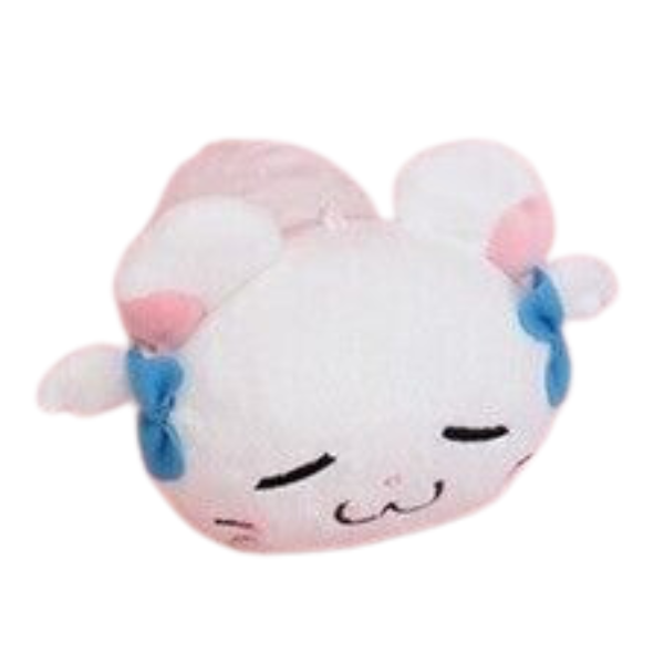 Sleeping Bijou plush: white hamster with two blue bows.