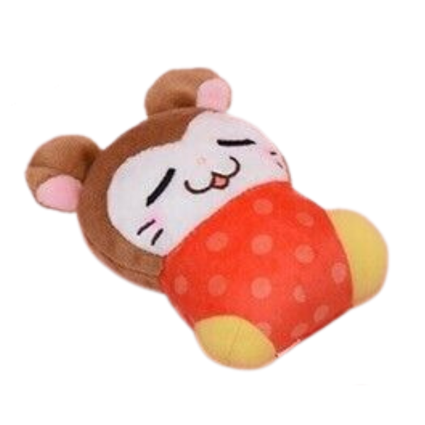 Sleeping Snoozer the hamster. He's a brown and white hamster inside a red and yellow sock.