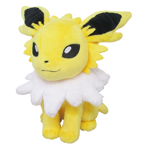 A yellow Jolteon plush, sitting. He has lots of spiky yellow fabric details to imitate his spiky fur.