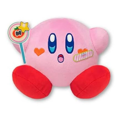 High quality, round kirby plush in a seated position with a surprised facial expression. His face has embroidered details and heart shaped embroidered cheeks. He has a pink and green band-aid on his face, and is holding a lollipop with a maximum tomato on it.
