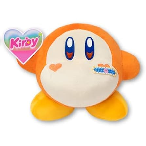 Round, high quality waddle dee plush with decora details. His cheeks are embroidered hearts, he has a yellow and blue band-aid on his face, and is holding a rainbow heart with the word "Kirby" on it.