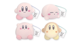 Four soft textured, pastel Kirby plushies. The top left one is smiling. The top right kirby has his eyes closed and is sleeping. The bottom left kirby is inflated with his arms in the air. The the bottom right is a waddle dee with his arms at his side.