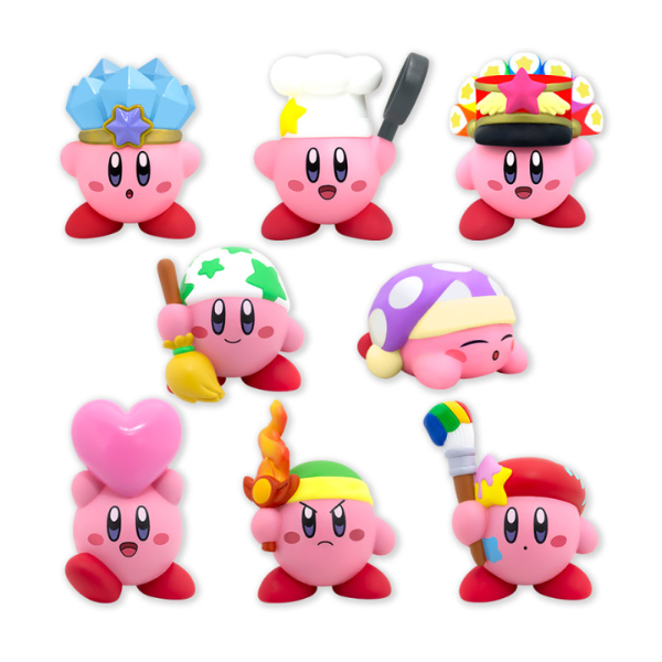 Eight kirby vinyl figures. 1. Ice Kirby with an ice crown. 2. Chef Kirby wearing a chef hat and holding a frying pan. 3. Festival kirby with a red hat and rainbow peacock "tail". 4. Kirby wearing a green and white bandana and holding a broom. 5. Kirby sleeping with a purple spotted nightcap. 6. Kirby holding a pink heart above his head. 7. Kirby with a green cap and holding a red and orange sword. 8. Kirby wearing a red beret and holding a rainbow paintbrush.