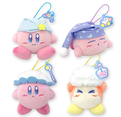 Four kirby bedtime and bathtime themed plushies. The top left kirby has a towel wrapped around his head and a small hair dryer felt charm. The top right plush is a sleeping kirby with a purple night cap, and a felt waddle dee charm. The bottom left is a kiby with a showe cap and a back scrubber felt charm. The bottom right is a waddle dee with plush "bubbles" and a felt shampoo charm.