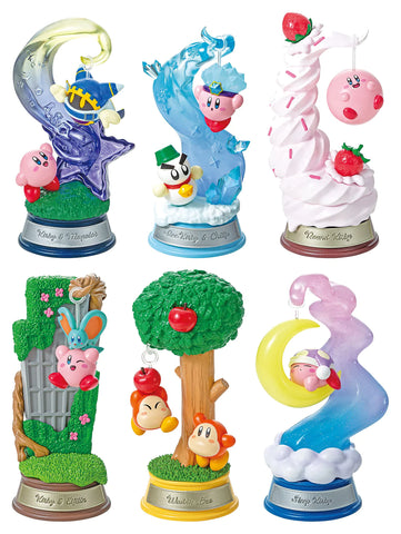 Six different types of Kirby re-ment figures. 1. Kirby looking up at a Magalor swinging on a shooting star. 2. Ice Kirby swinging on a big spire of ice, with a snowman enemy below. 3. A fat kirby swinging on a big pile of strawberries and cream. 4. Kirby and Elfilin swinging from an overgrown building from Kirby and the Forgotton World. 5. Two waddle dees, one of them hanging from an apple tree. 6. Sleeping kirby dreaming on a swinging moon with a dreamy swirl of blue and purple.