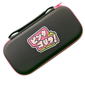 A smooth black switch case with pink zipper accents. It has a graphic of "Pink Gorilla" written in both Japanese Katakana and english.