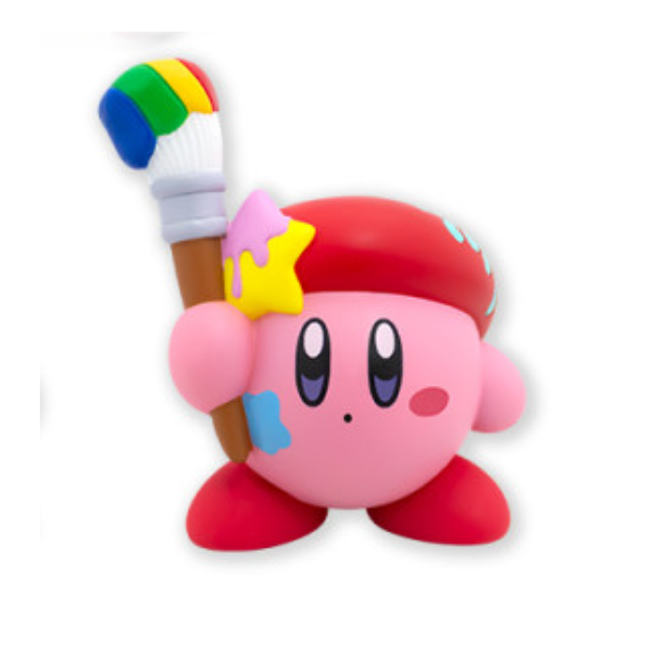 Kirby wearing a beret and holding a rainbow paintbrush. He has paint splatters on him.