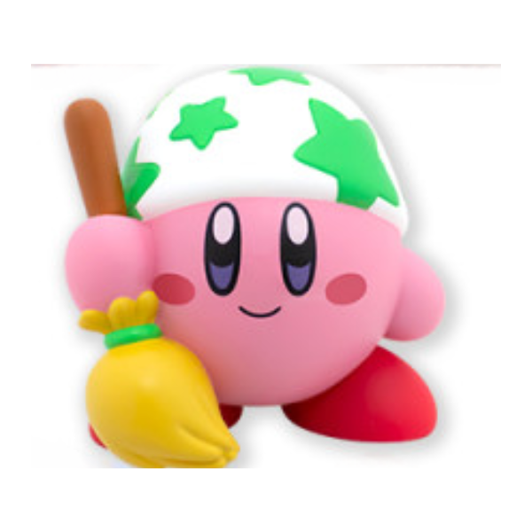 Kirby wearing a green and white starry bandana and holding a broom.