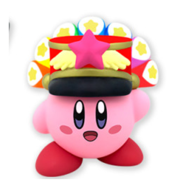 Kirby wearing a red conductor's hat. He has a rainbow peacock tail or cape.