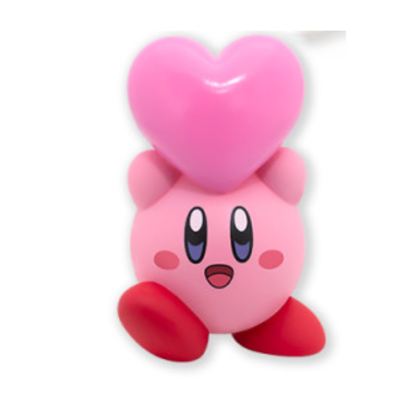 Kirby holding a pink heart above his head.