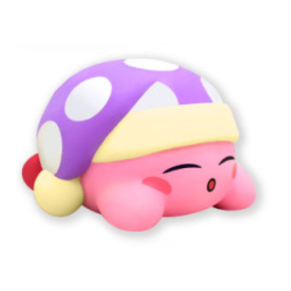 Kirby sleeping and wearing a purple and white spotted nightcap.