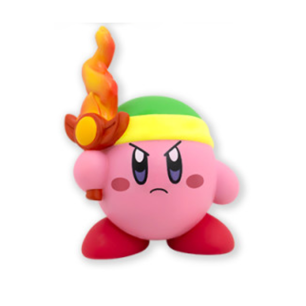 Kirby holding a red and orange sword, and holding a green cap.