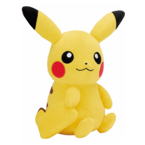 A large pikachu plush in a seated pose. He's wrapping his tail around him and holding it so you can see it from the front.
