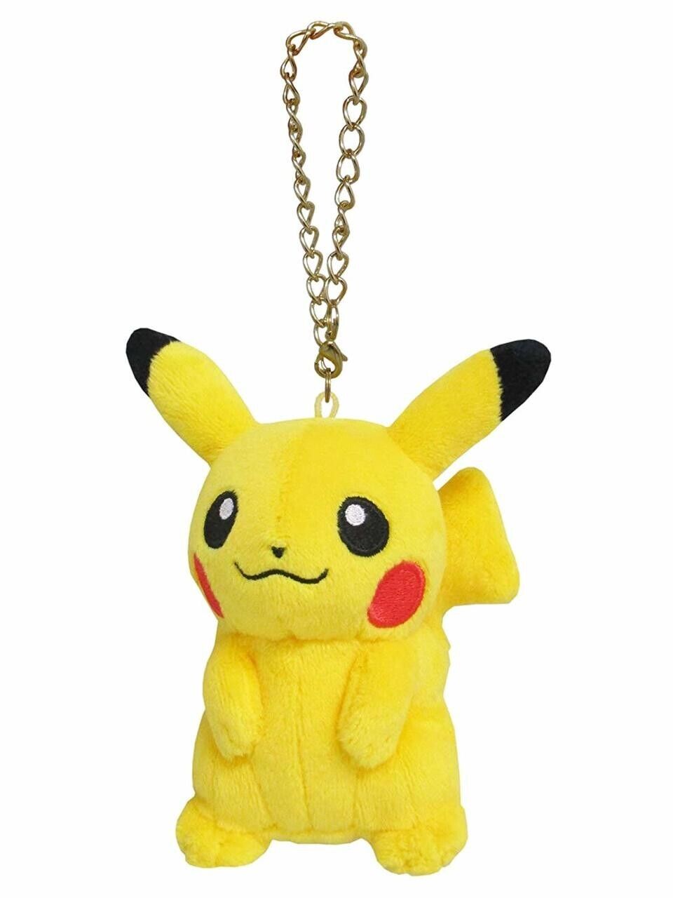 Small yellow pikachu plush with a gold chain.
