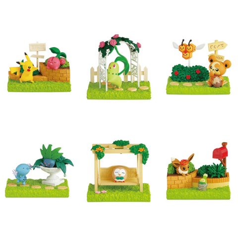 All six types of Pokemon figures. 1. Pikachu reaching out to Cherubi who is napping on a garden wall. 2. Chikorita climbing on a flowery white trellis. 3. Teddiursa eating a pot of honey while a combee floats nearby over a flowering bush. 4. Wooper shoots a water gun at an oddish hiding in a potted garden plant. 5. Rowlet napping on a flower covered garden swing. 6. Eevee with a flowe on its head, poking out from the garden wall, looking down at a Budew.