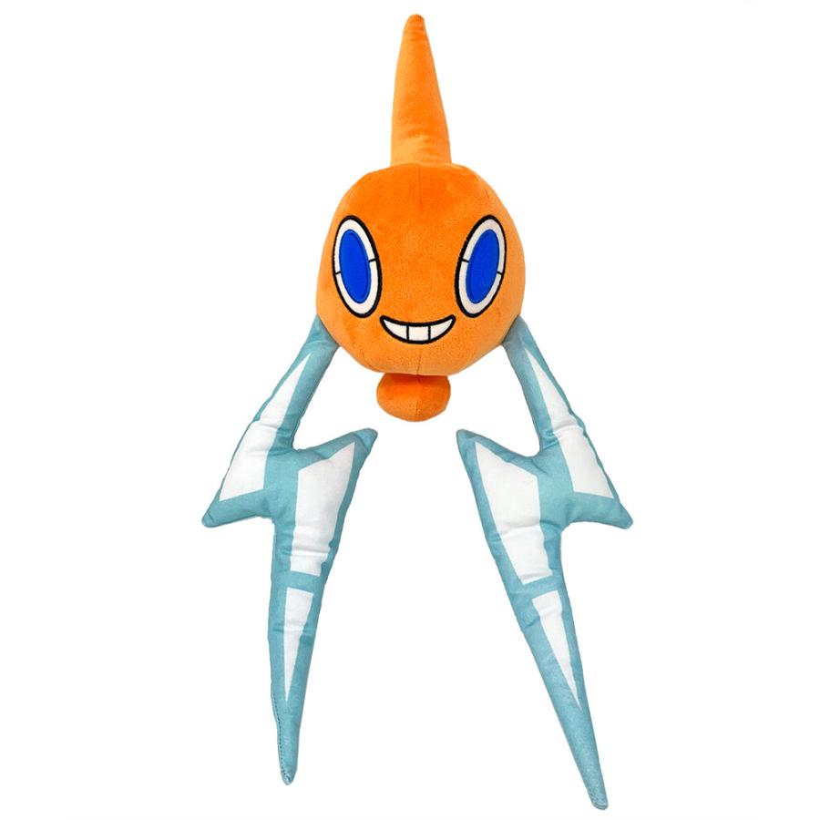 An orange Rotom plushie with skinny plush electricity "arms". He has big blue eyes and is smiling