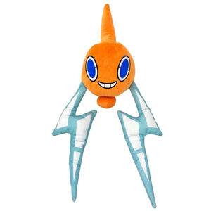 An orange Rotom plushie with skinny plush electricity "arms". He has big blue eyes and is smiling