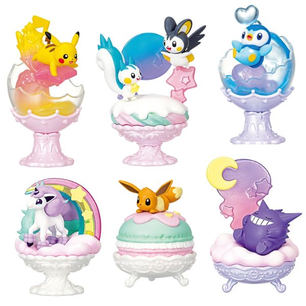 1. Pikachu on an ornate pastel pink stand. 2. Emolga and Pachirisu with stars on an ornate pink pastel stand. 3. Piplup with hearts on a pastel purple ornate stand. 4. Galarian Ponyta with a starry rainbow on a pearly white ornate stand. 5. Eevee with a pink and mint macaroon on a pearly white ornate stand. 6. Gengar sleeping with stars and clouds on a light purple ornate stand.