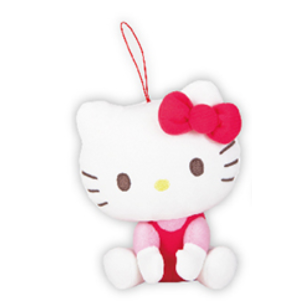 Hello kitty wearing a pink shirt with red overalls and a red bow. Her head is slighly cocked and she's in a seated pose.