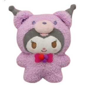 Kuromi plushie wearing a fuzzy purple bear costume and a fuscia bow tie.