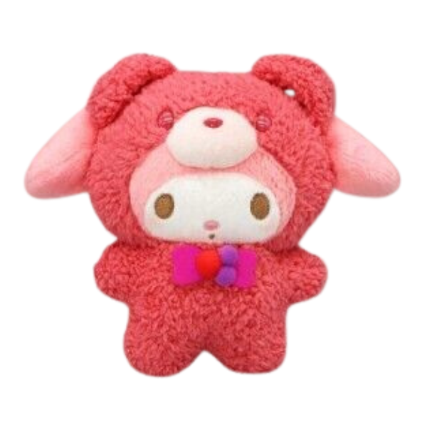 A floppy eared My Melody plush wearing a fuzzy red bear costume with a fuscia bowtie.